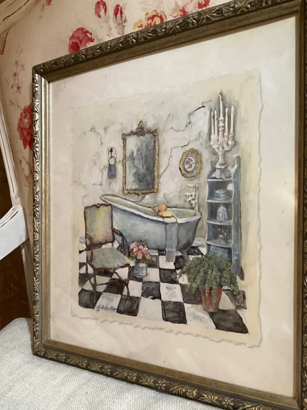 Vintage Bathroom Scene Framed Print - Blue Bathtub & Black White Tiles